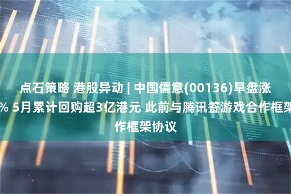 点石策略 港股异动 | 中国儒意(00136)早盘涨近17% 5月累计回购超3亿港元 此前与腾讯签游戏合作框架协议
